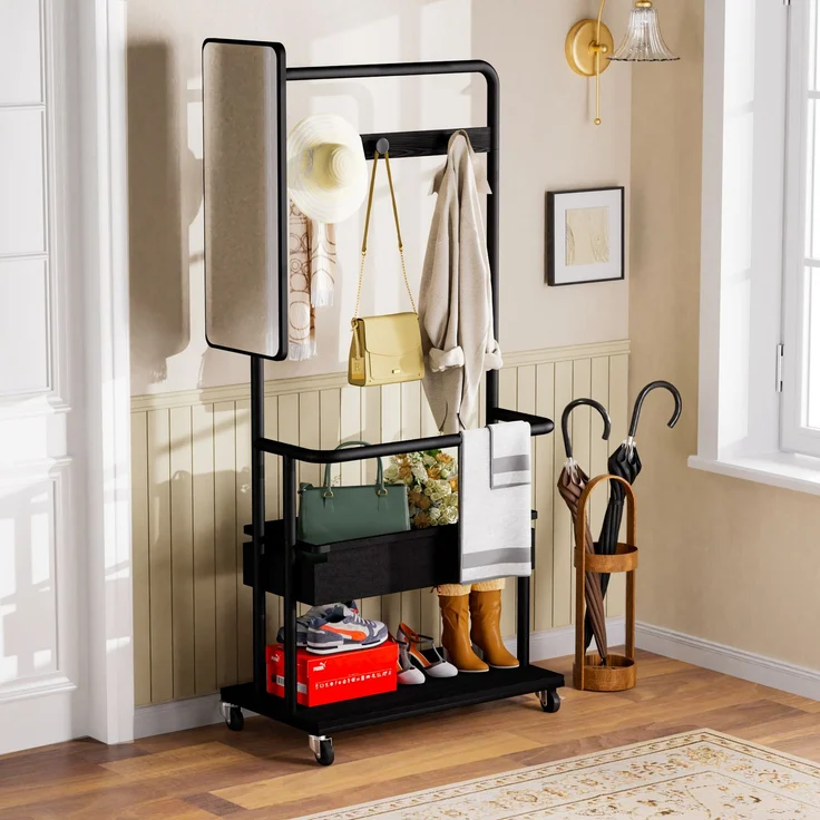 Faumrta Robuster Kleiderständer aus Metall mit Rollen, 3-in-1-Design mit Korb und Spiegel, Kleiderbügel, mobiler Kleiderständer mit Rollen, geräumiger Garderobenständer, Schwarz, 70*40*170cm70CM*40CM*170CMSchwarzParticle Board,Steel – Bild 5