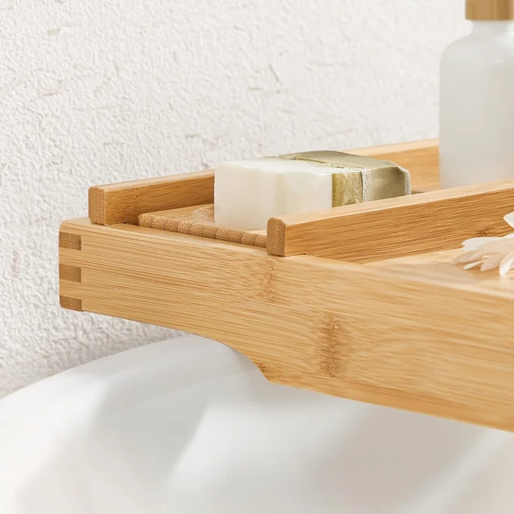 Badewannenablage aus Bambus, ausziehbar, verstellbares Badewannenbrett, Ablage für Badewannen, mit Getränkehalter, Handy-Stütze, Seifenablage, (75-109) x 23 x 4,5 cm, naturfarben BCB88Y – Bild 7
