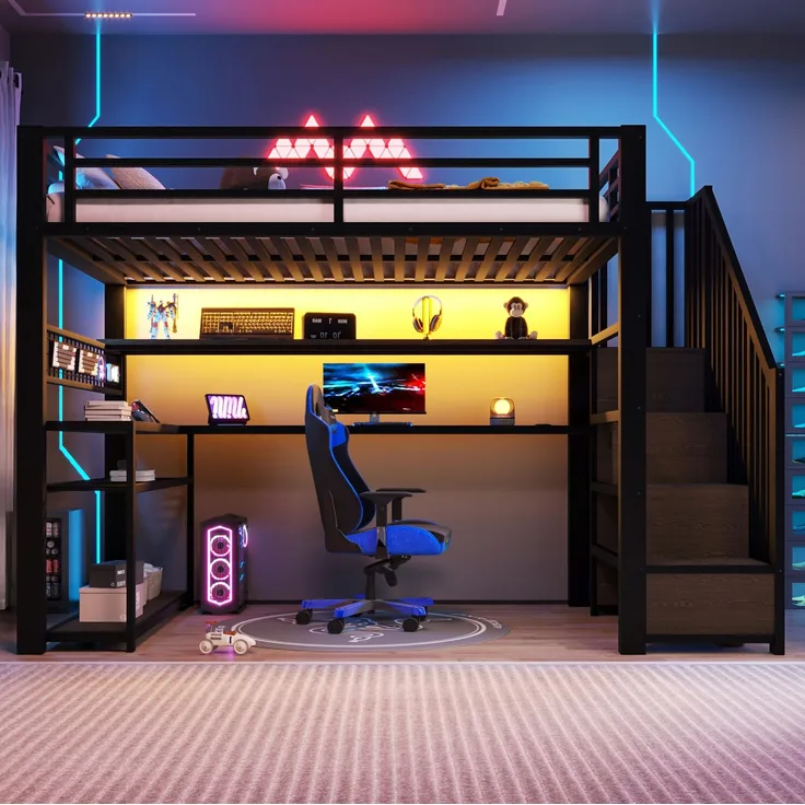 CHICFURN Hochbett aus Metall und MDF Schwarz 90x200 cm mit LED-Beleuchtung und Stauraum