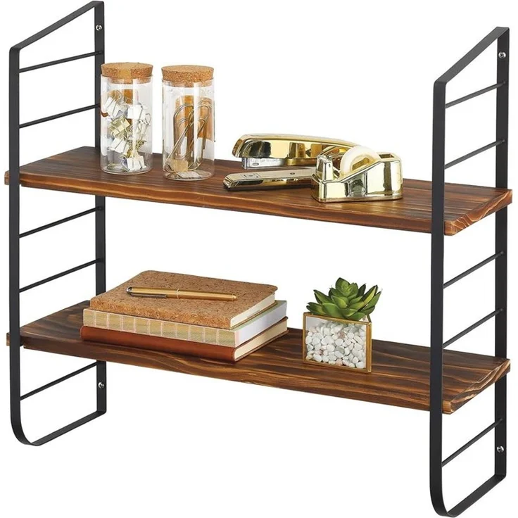 Wandregal 2 Böden Holz MDF Hängeregal Metall naturfarben/schwarz 60cm mDesign – Bild 7