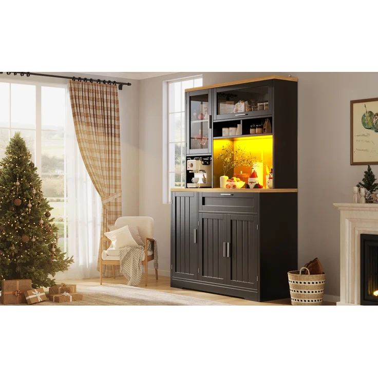 Küchenschrank, Hochschrank / Vitrine mit LED-Beleuchtung, 104x40x180 cm, weiß/schwarz, für Küche & Wohnzimmer--Schwarz--104x40x180cm--YOUDENOVA – Bild 5
