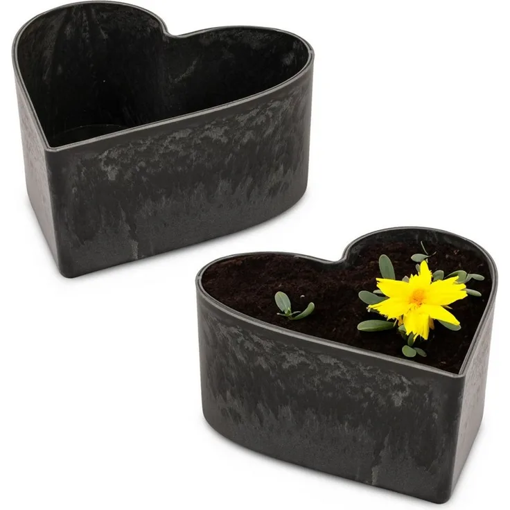 matches21 HOME & HOBBY Blumentopf Herz Pflanzschalen für draussen 2 Stk. schwarz marmoriert in 15 cm (2 St), Blumen-Schale als wetterfeste Friedhof-Schale Grab-Schmuck Grabschale