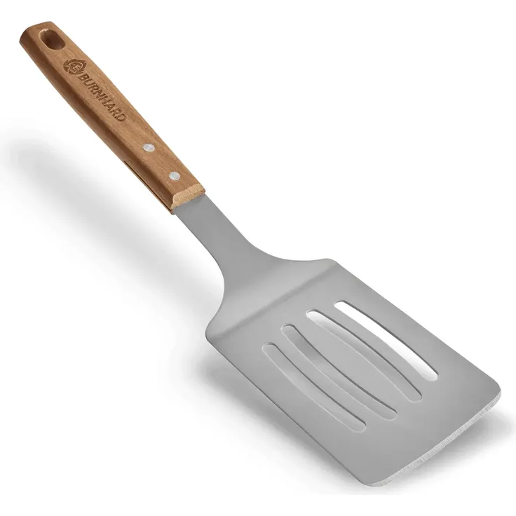 BURNHARD Grillbesteck-Set 4-tlg. 42 cm, Akazienholz Edelstahl, Grillzubehör mit Grillzange, Grillwender, Fleischgabel und Grillbürste mit extra-langen Holzgriffen und Aufhänge-Ösen, Braun – Bild 3