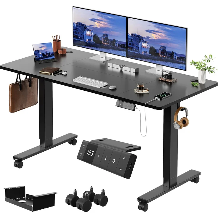 Devoko Höhenverstellbarer Schreibtisch Holzwerkstoff und Metall Schwarz 140 x 80 x 72-118 cm – Bild 2