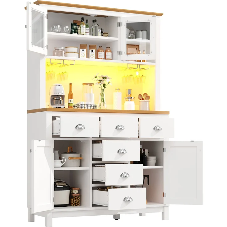 EINHOM Seitenboard / Aufbewahrungsschrank / Küchenschrank / Buffetschrank, 104 x 40 x 180 cm, Landhausstil, 4 Türen, mit LED-Lichtleiste & Getränkehaltern, Grün/Weiß, Weiß – Bild 6