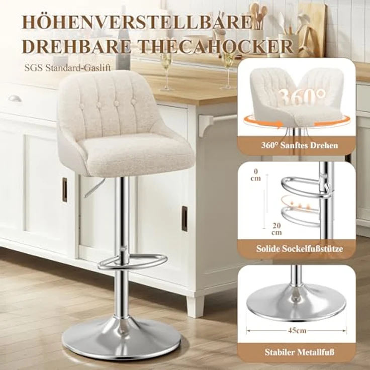 MALOL 360° Drehbarer Höhenverstellbarer Barhocker, Bar Hocker 4er Set mit Rückenlehne, Moderner Küchenhocker mit Metallfuß für Theke, Esszimmer, Barstuhl mit Kombination aus Leder und Bouclé, Beige – Bild 4