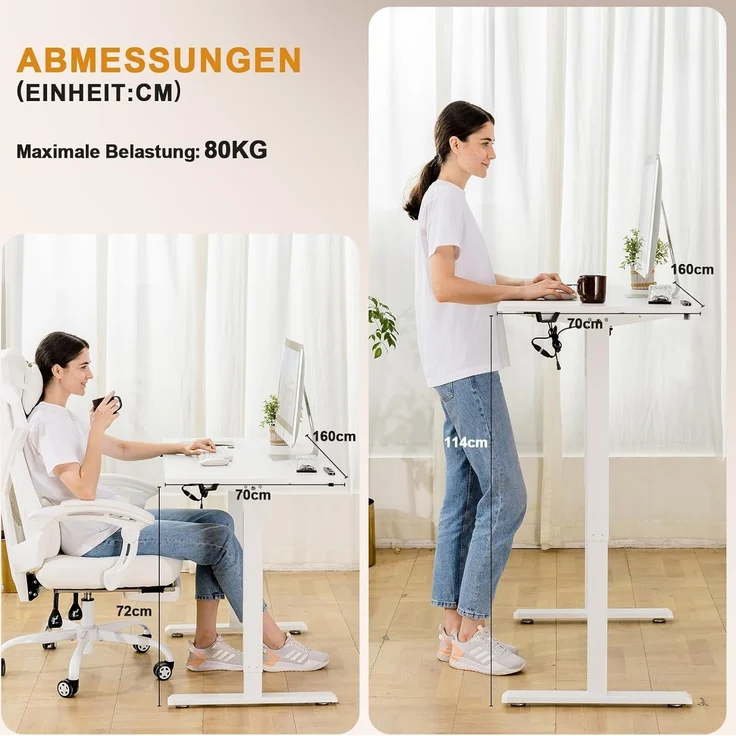 COMHOMA Höhenverstellbarer Schreibtisch 160x70 cm mit USB-Buchse und Haken, Elektrisch Verstellbarer Computertisch, Steh-Sitztisch Stehpult Stehschreibtisch Weiß – Bild 3