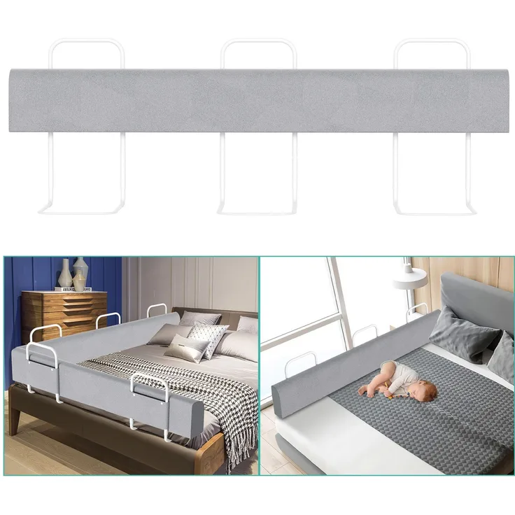 Eikuavons 1x Bettgitter 180cm Grau, höhenverstellbares Bettschutzgitter, Kinderbettgitter Babybettgitter Rausfallschutz für Familienbett & Kinderbett, Perlbaumwolle, Grau