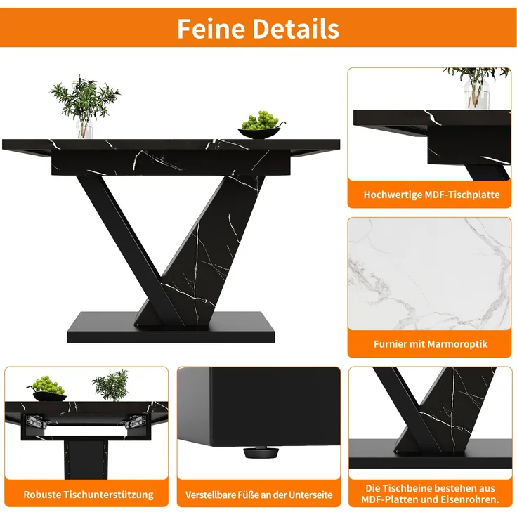 Esstisch ausziehbar 120–160x75x75,5 cm, stilvoller Tisch mit Marmor-Dekorplatte, stabilem Metallrahmen für Küche & Wohnzimmer, 75.5cmx120-160cmx75cm, Schwarz – Bild 7