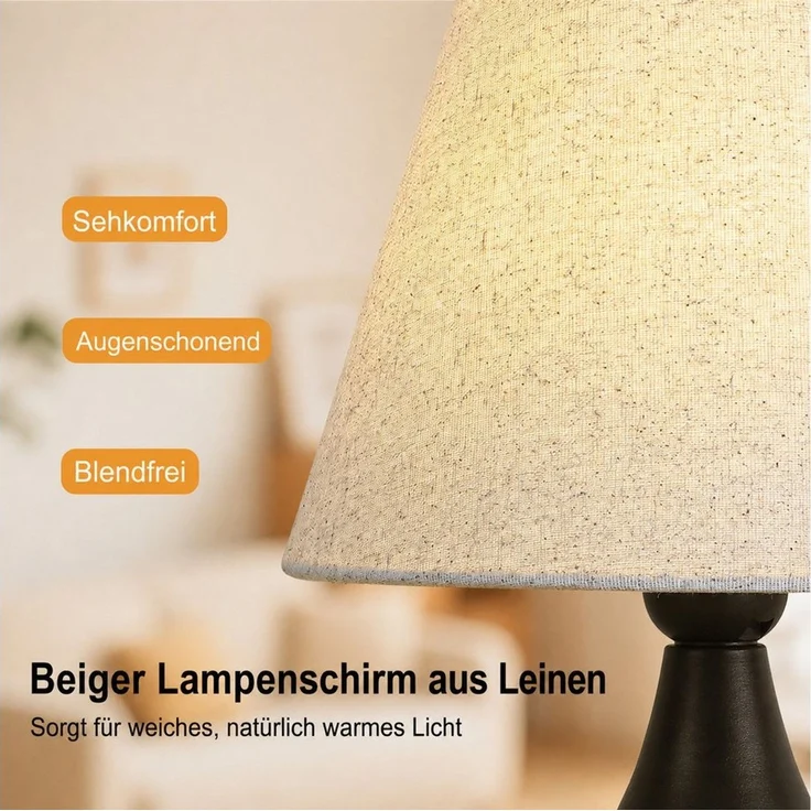 BlingBin Tischleuchte E27, schwarze Tischlampe mit beigefarbenem Leinenschirm moderne, max. 60 W, Ein-/Ausschalter, ohne Leuchtmittel, Kaltweiß, Warmweiß, Neutralweiß, Nachttischlampe, Kleine Tischlampe mit E27-Fassung – Bild 4
