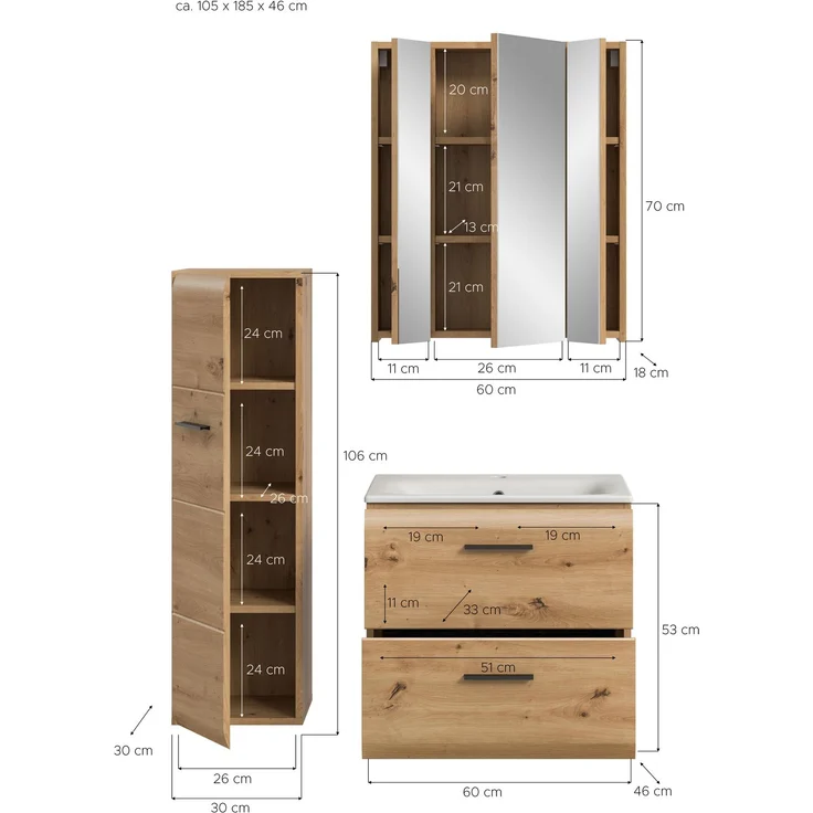 Badkombination (B/H/T: 105x185x46 cm) in Artisan Oak Nachbildung und Artisan Oak Nachbildung – Bild 4