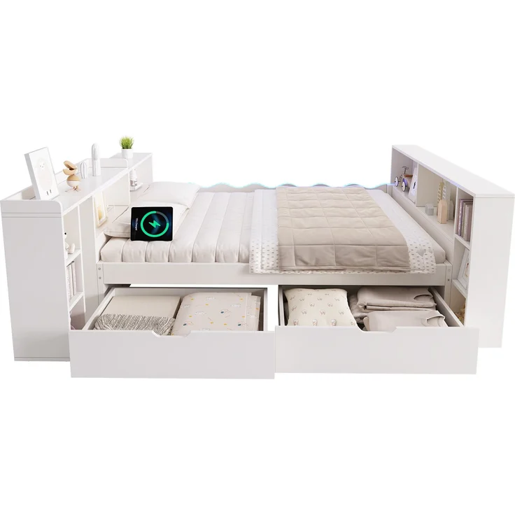 Tagesbett 90x200 cm mit 2 Schubladen, ausziehbarer Tischplatte und LED-Beleuchtung – Weiß (ohne Matratze) – Bild 8