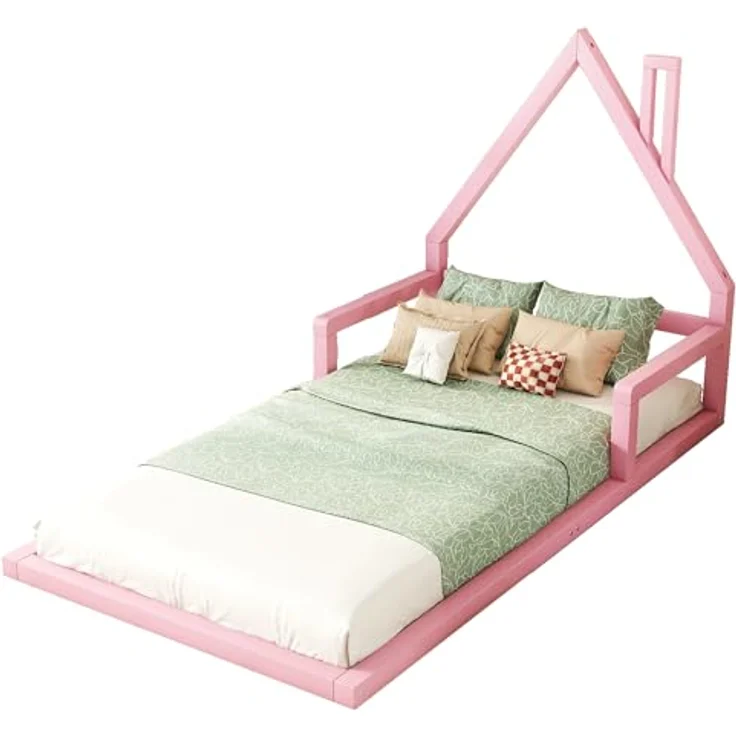 FAVSH Hausbett 90x200 cm Kinderbett mit Rausfallschutz, Lattenrost und Hausdach-Design, Jugendbett aus Kiefernholz, Einzelbett für Kinder und Jugendliche, Bodenbett Rosa – Bild 6