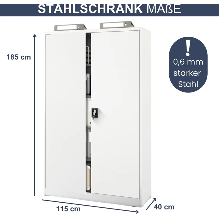 Aktenschrank abschließbar KADO - 5 Ebenen verstellbar, Flügeltüren | Metallschrank Werkstatt Mehrzweckschrank Büroschrank aus Stahl Werkzeugschrank, 185x115x40cm Weiß – Bild 2