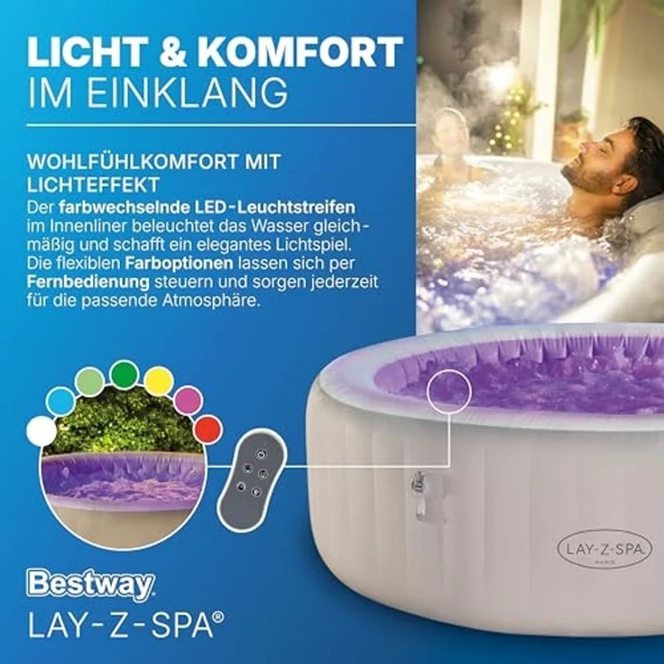 Bestway 'Lay-Z-Spa Paris AirJet' LED Whirlpool Outdoor für 6 Personen, TriTech-Material grau, Ø 196x66 cm – Bild 5