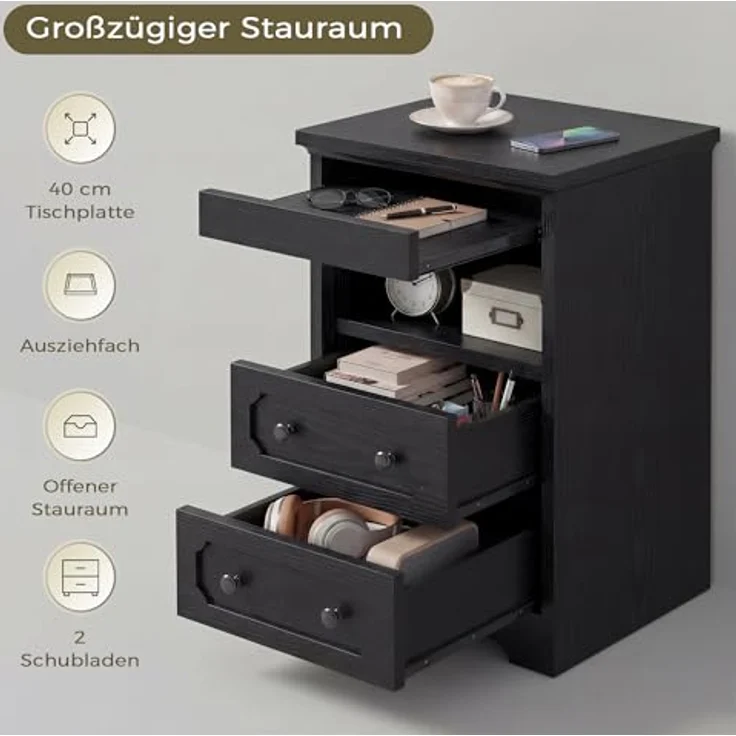 IRONCK Nachttisch, Moderne Nachtkonsole mit 2 Schubladen, Offenem Fach, Beistelltisch mit Herausziehbarer Ablage, Holz-Nachttisch für Schlafzimmer, Wohnzimmer, Schwarz – Bild 5