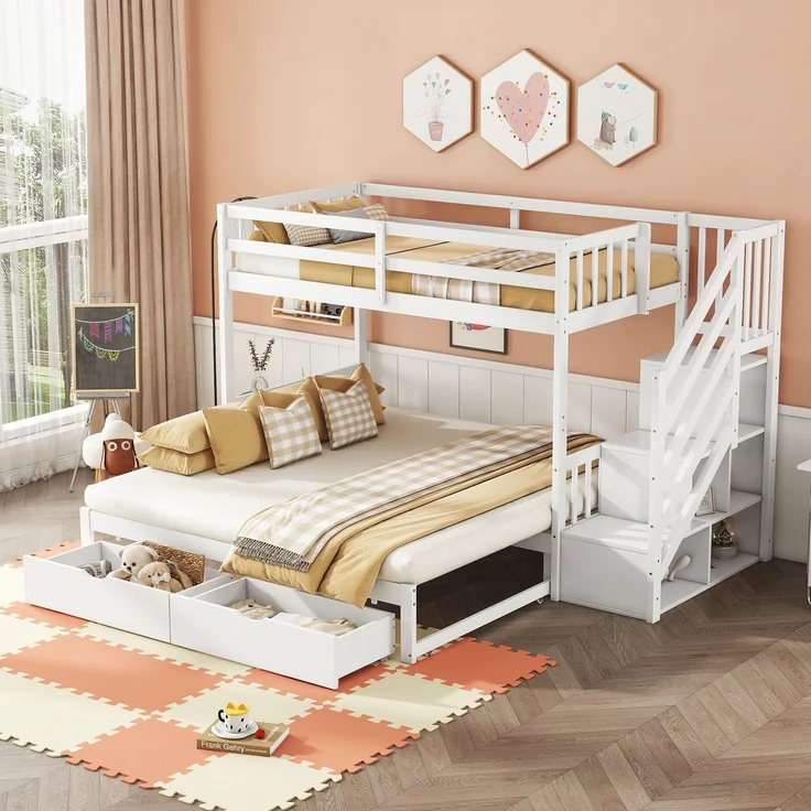 Merax Etagenbett Kinderbett 90x200cm mit umwandelbarem Unterbett 90x200/180x200cm, Weiß – Bild 1