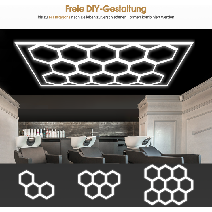 Barberpub Hexagon LED Garage Light, 68970LM 6500K Hexagon LED Beleuchtung für Werkstatt, Friseursalon, 14 Grid, LP005/nicht dimmbar, PVC-Rahmen – Bild 3