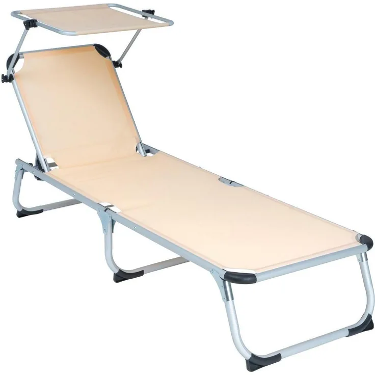 VCM Liegestuhl Sonnenliege mit Sonnendach Beige, 5-fach verstellbar, klappbar, Aluminium, 187x57x30 cm, max. Belastbarkeit 120 kg
