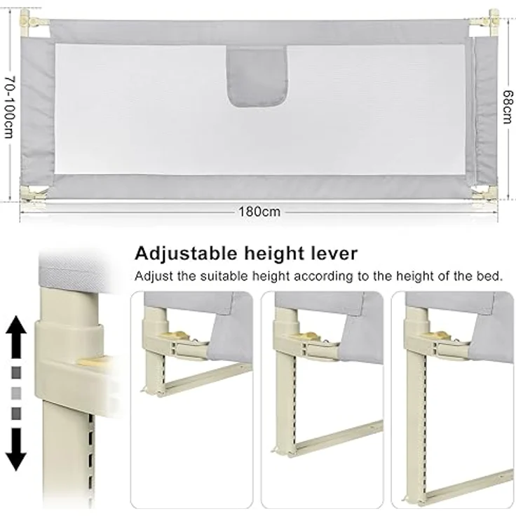 HUOLE Rausfallschutz Bett, Bettgitter für Kinder, Babybettgitter für Kleinkinder, Kinderbettgitter mit luftiges Netz, Bed Rail stabile Bauweise, einfache Montage-1,8 m – dunkelgrau – Bild 7