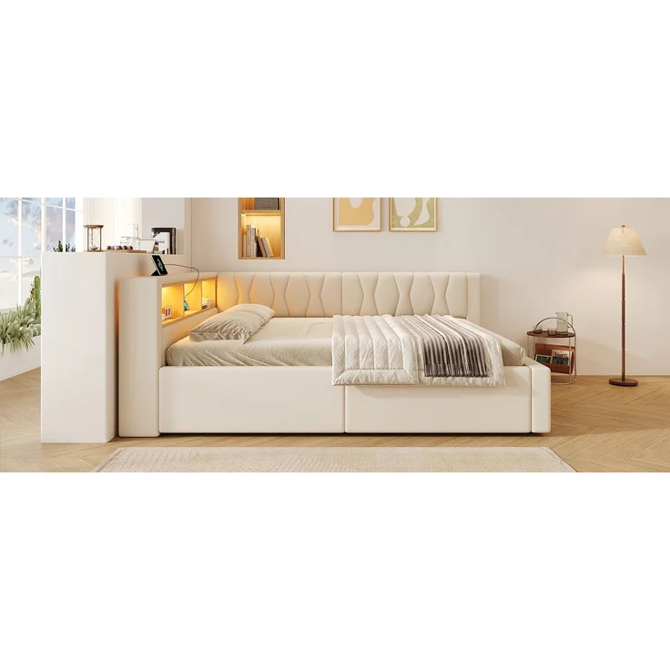 TavilaEcon Daybett Schlafsofa, Tagesbett mit dimmbarer LED-Leiste & USB-Anschluss beige Liegefläche 140 × 200 cm – Bild 9