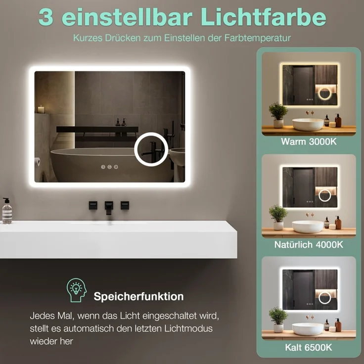 Gimbelen LED Badspiegel 80x60 cm, rechteckig, mit 3 Lichtfarben & Dimmfunktion, 3-fach Vergrößerung, Rasiersteckdose, Antibeschlag & Speicherfunktion, IP44, Silber – Bild 4