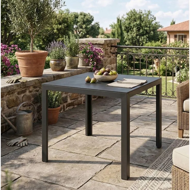 MANDALIKA Garden Gartentisch Dining Tisch Luna 80 x 80 x 74 cm Dekorglas Steinoptik