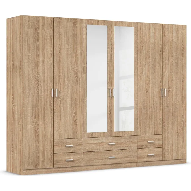 rauch Kleiderschrank, Drehtürenschrank GAMMA, 6-türig, 2 Spiegeltüren teilaufgelegt, 6 Schubkästen, Eiche Sonoma, 271x210x54cm