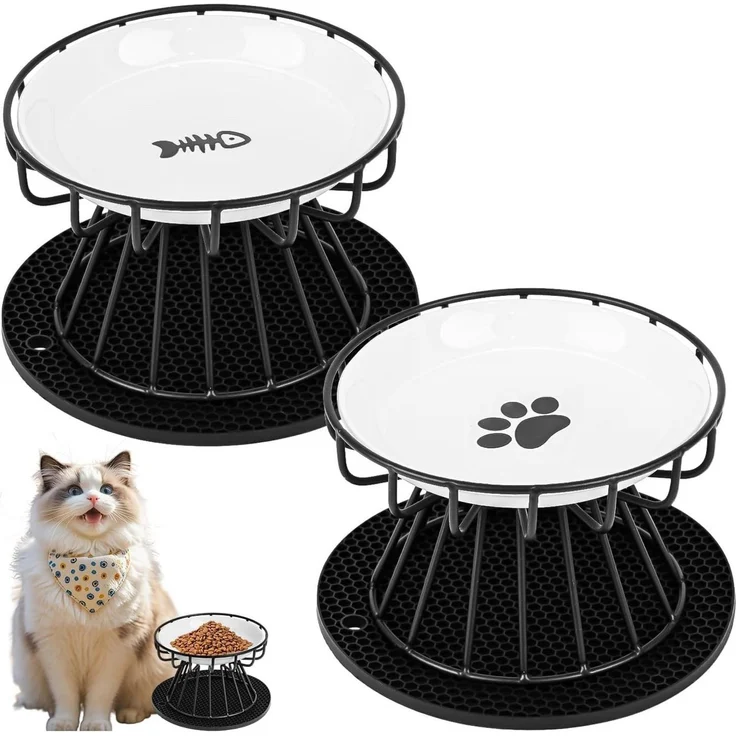 ibettertec Futternapf Katzennapf Erhöht, 2 Stück Katzennapf aus Keramik, mit Napfunterlage Silikon Und Metallständer, Zervixschutz-Katzennapf, 15 cm Durchmesser,10cm Metallständer – Bild 1