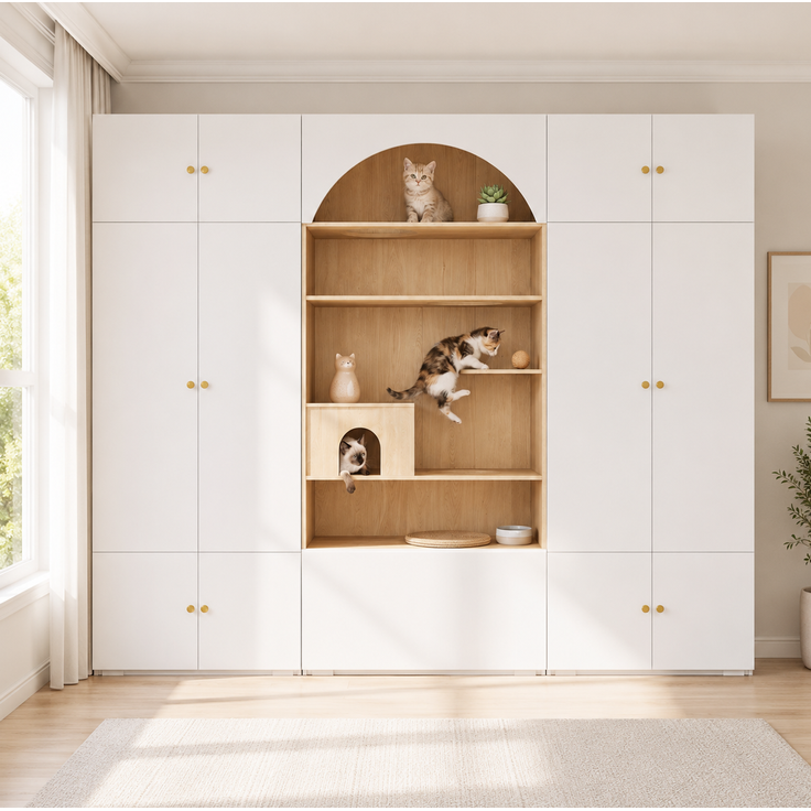 Kleiderschrank 270 x 50 x 200 cm in Weiß und Holzoptik mit Katzenkletterwand und Kleiderstange – Bild 2