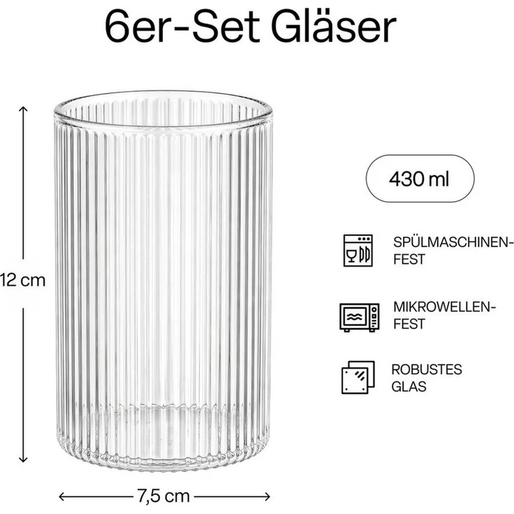 MiaMio Gläser-Set Senita, 430 ml, Riffeloptik, 6-tlg, Borosilikatglas, Spülmaschinengeeignet – Bild 3