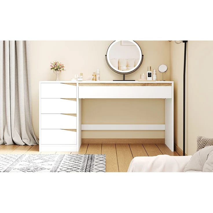 ZUBALIYA Schreibtisch 140x50 cm mit 5 Schubladen, Weiß/Eiche-Optik, Moderner Computertisch mit extra großer Arbeitsfläche, Schminktisch mit Stauraum, Bürotisch für Homeoffice, Schlafzimmer und Arbeitszimmer – Bild 16