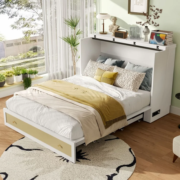 Schrankbett 140x200 cm mit USB-Anschluss und Steckdose,Weiß, MDF, umbaubares Plattformbett mit großem Stauraum, Klappbett – Bild 2