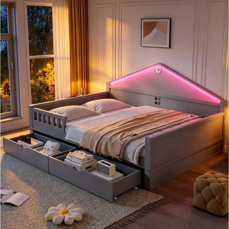 Einzelbett 140x200 cm mit LED und 2 Schubladen – Grau, Ohne Matratze – Bild 3