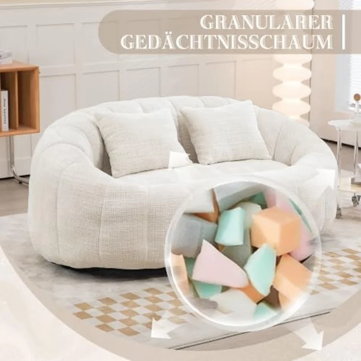 FurnitureR Sofa Set mit Couchtisch, Modernes 2-Sitzer Sofa aus Bouclé Stoff und Runder Glastisch 80 cm, Wohnzimmer Möbel Set im Skandinavischen Stil, Cremeweiß – Bild 5