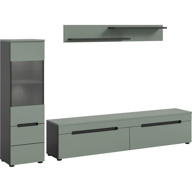 Wohnkombination inkl Beleuchtung (B/H/T: 221x141x33 cm) in Smoke Green Nachbildung – Bild 1