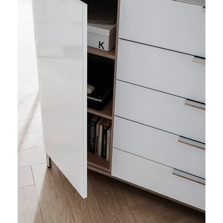 Rauch Möbel Flipp, Kombikommode, Kommode mit Stauraum für Wohnzimmer, Schlafzimmer, Flur, 4 Fachböden, Eiche Artisan/Glasfront Weiß, 2-türig, Glastüren, 5 Schubkästen, Griffe graphit, 160 x 100 x 42 cm – Bild 7