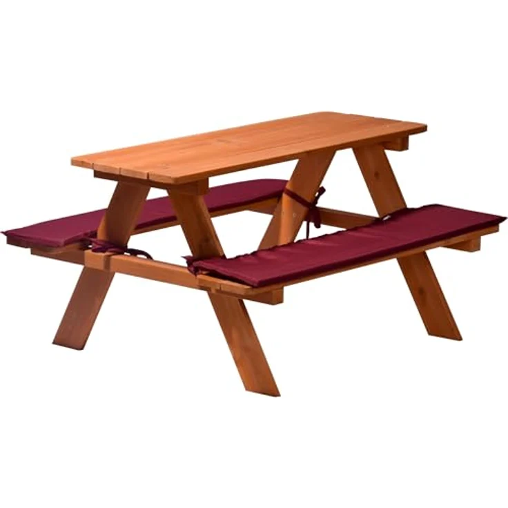 dobar® Picknicktisch für Kinder, Sitzbank aus Massiv-Holz mit 2 Sitzauflagen, wetterfest, FSC-zertifiziert, 89 x 79 x 50 cm, Braun/Rot – Bild 1