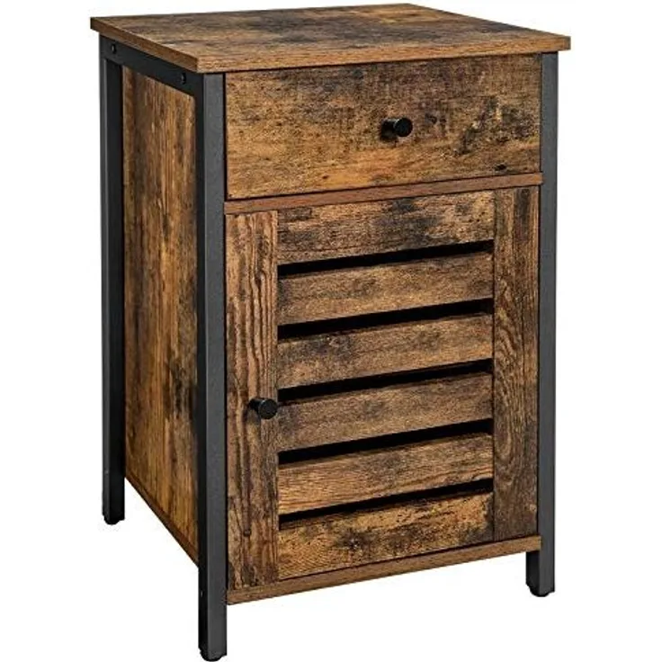 Nachttisch, Beistelltisch mit Schublade, Klapptür, Beistelltisch mit verstellbarer Ablage, Metallrahmen, Industriestil,