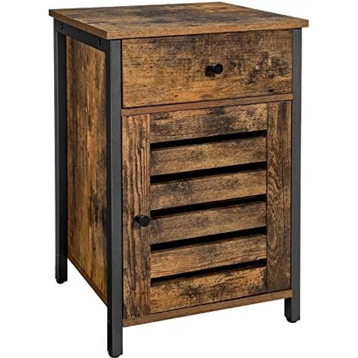 Nachttisch, Beistelltisch mit Schublade, Klapptür, Beistelltisch mit verstellbarer Ablage, Metallrahmen, Industriestil, – Bild 1