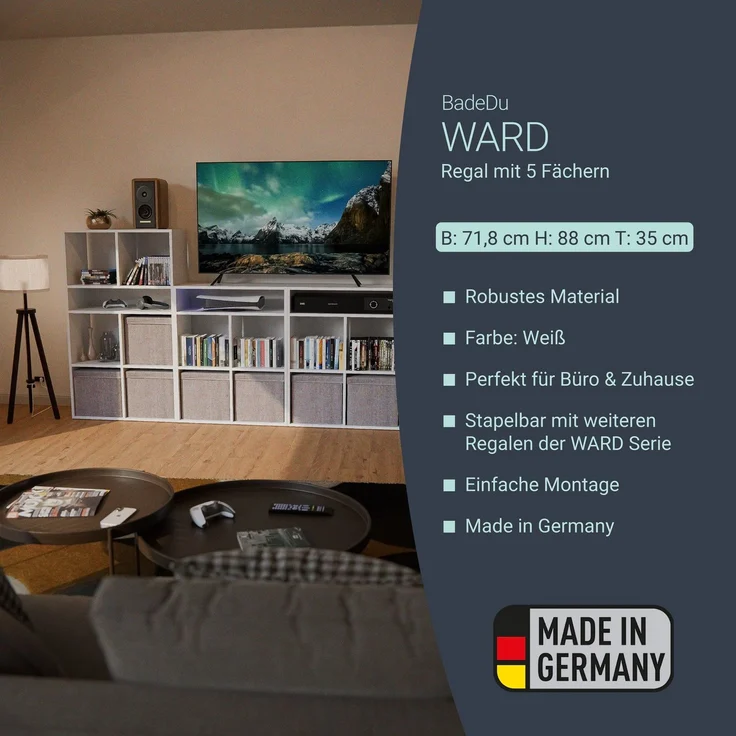 BADEDU WARD Regal 72 cm breit, Weiß, 5 Fächer – Bild 2