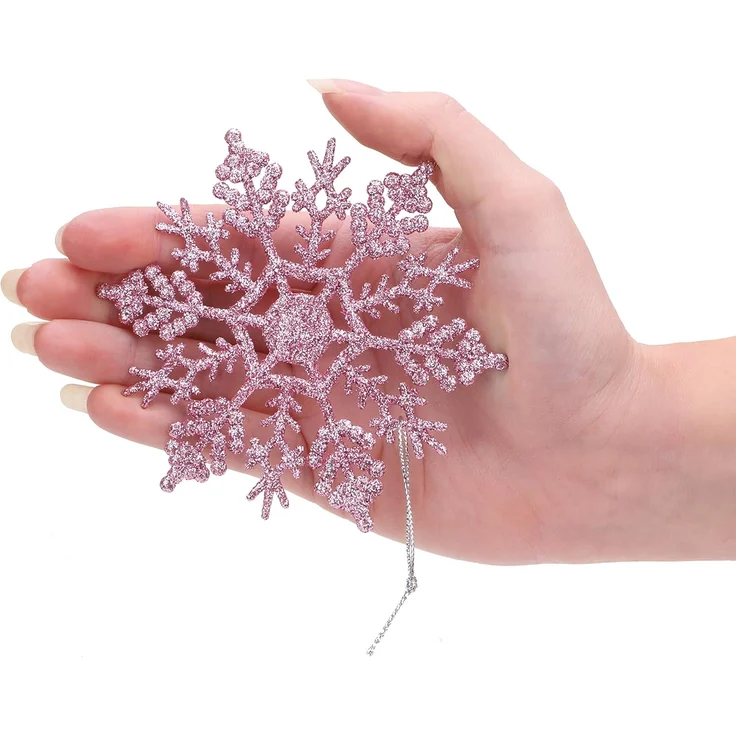 12 Stück - Weihnachtliche Schneeflockendekoration, glitzernde Schneeflockenornamente, Partydekoration (Rosa, 10 cm) – Bild 3