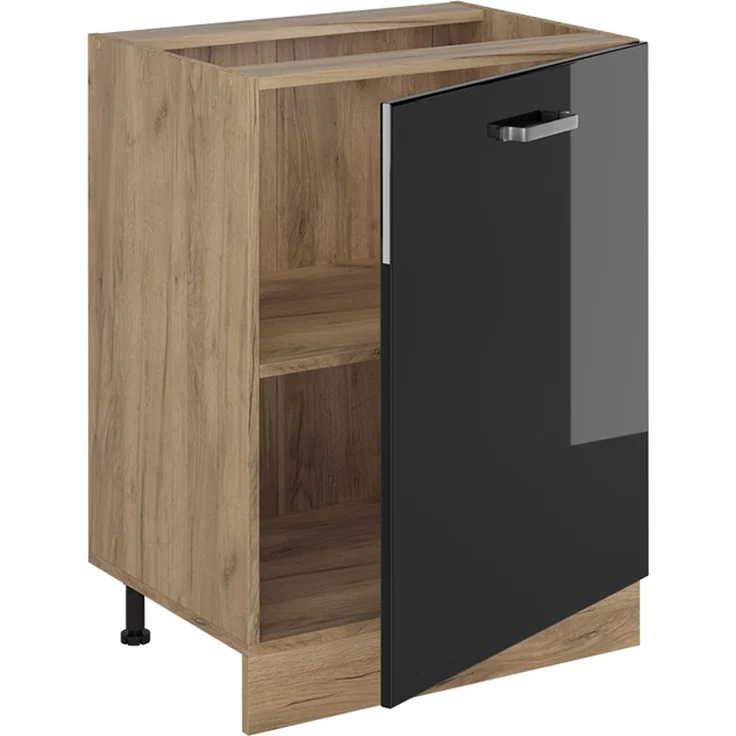 Küchenunterschrank R-Line Schwarz Hochglanz/Goldkraft Eiche 60 cm mit 1 Tür Arbeitsplatte Goldkraft Eiche Vicco – Bild 3