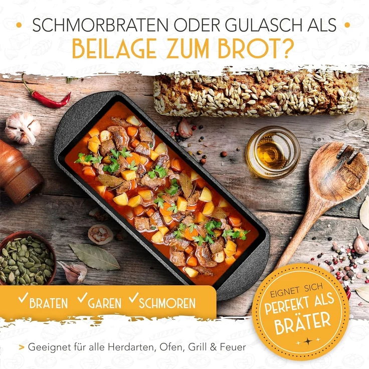 Krustenzauber Brotbackform mit Deckel inkl. Gärkorb - Robuste 28cm Backform aus Gusseisen, (Ideal als Kastenform, Toastbrot Backform), Brotform, Gusseisen Topf Brot backen Zubehör, Brottopf – Bild 6