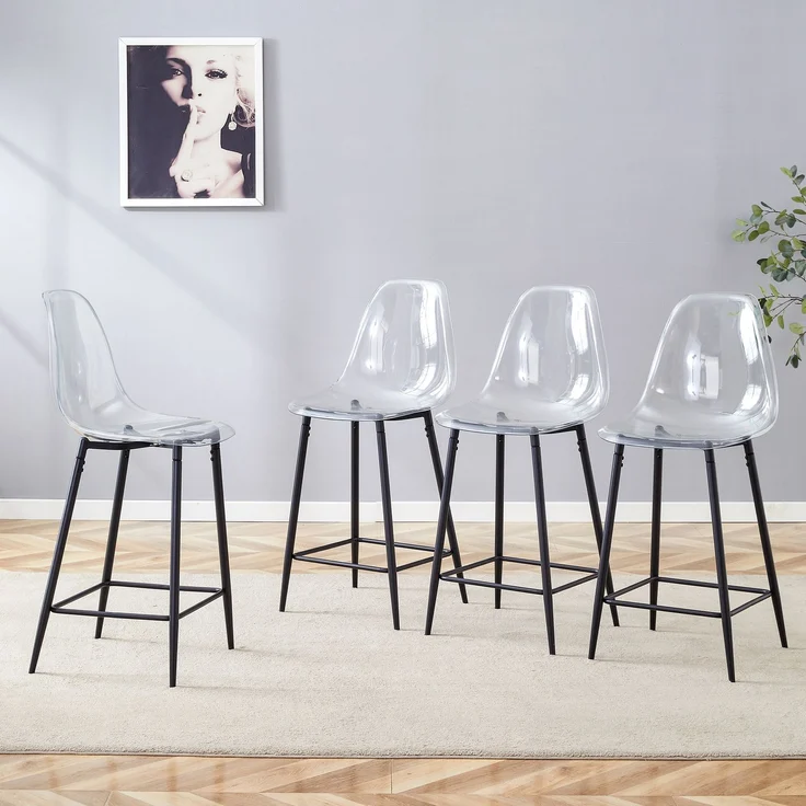 Transparente Barhocker Set, 4er Pack, mit Metallgestell in Silber/Gold/Schwarz, Moderne Design-Stühle für Küche, Bar oder Esszimmer (Nur Stühle, ohne Tisch)--Schwarz--51x45x102cm--YOUDENOVA – Bild 2
