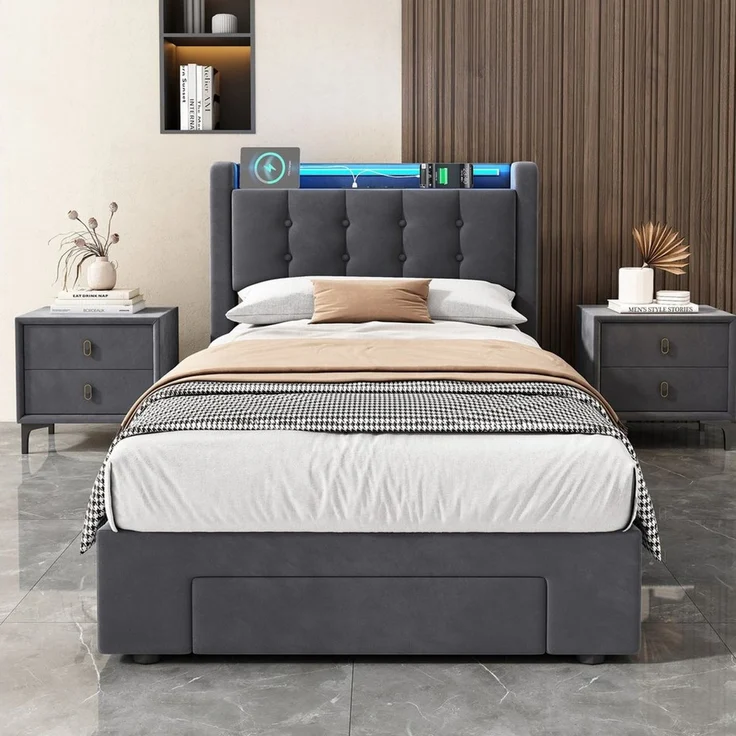 STILVORA Polsterbett 90×200 mit bettkasten,Bettgestelle Boxspringbett mit USB & LED-Licht (Funktionsbett mit Fernbedienung, Gepolsterter Rand, Samtstoff, Metallrahmen, Kompfort, Grau), Jugendbett ohne matratze, Stauraumbett für verschiedene Raumstile – Bild 2
