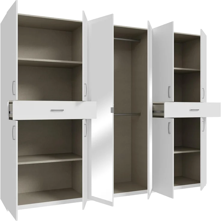 Forte Serenade Kleiderschrank 270, moderner Drehtürenschrank, 10-türig, 2 Schubladen, Kleiderstangen, Einlegeböden, Spiegel, Holzwerkstoff, Weiß, 269,7 cm breit x 210,5 cm hoch x 54 cm tief – Bild 6