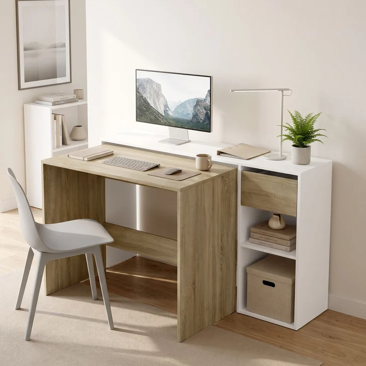 MELAYR, Zweiteiliges, stapelbares Computertisch-Set, Computertisch 80/117 cm mit Schublade und offenen Regalen, Weiß – Bild 4
