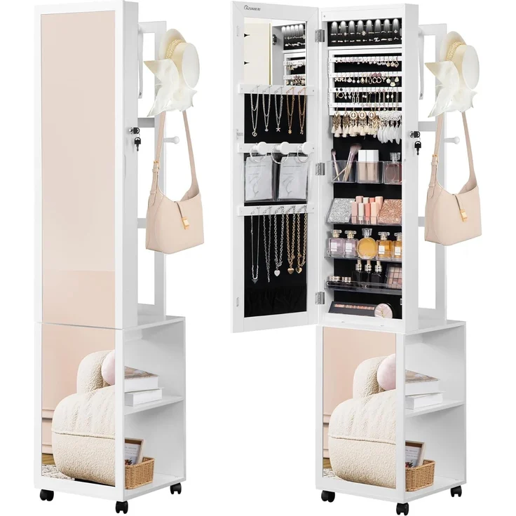 Schmuckschrank, Schmuck Spiegelschrank, schmuck spiegelschrank stehendstehender Schmuck-Organizer mit 1 Kleiderständer, 3-stufige Ablageflächen mit 4 Kleiderhaken, Weiß und Schwarz – Bild 2