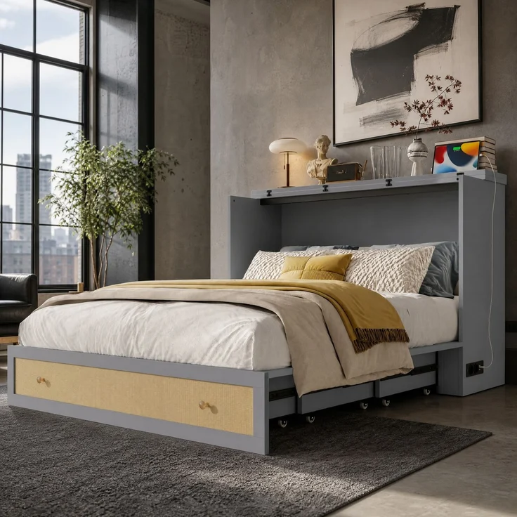 CHICFURN Bett MDF Grau 140x200 cm mit Schubladen, USB-Anschluss und Steckdose – Bild 1